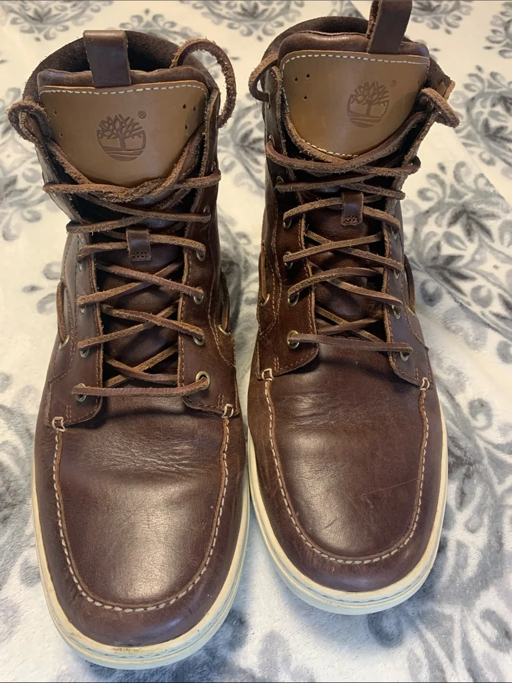 Timberland Men's Dark Brown Leather Moc Toe Boots with White Sole